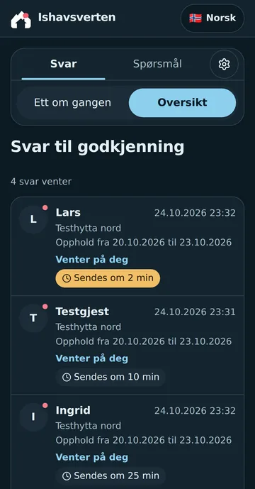 Skjermbilde fra portalen: oversikten Svar til godkjenning med fire svar som venter, og hvor mange minutter det er til hvert sendes.