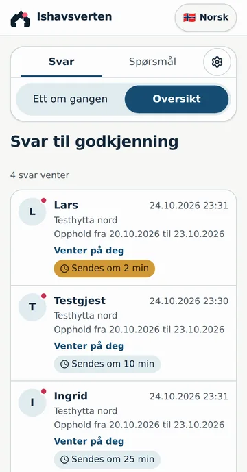 Skjermbilde fra portalen: oversikten Svar til godkjenning med fire svar som venter, og hvor mange minutter det er til hvert sendes.